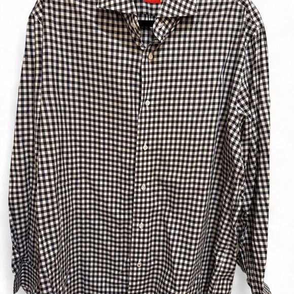 Isaia Men's Black & White Plaid Long Sleeve Shirt Sz 18 / 45 Button Up - Picture 1 of 7